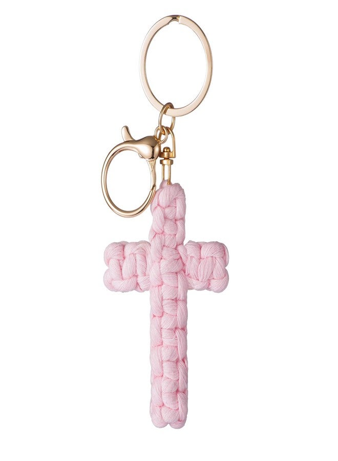 HongEast Macrame Cross Keychain,Jesus Key Chain Christian Car Accessories Handmade Soft Cross Keychain Charm Cute Baptism Faith Inspired Boho Decor for Women Men Religious Gifts(Pink) - Image 1
